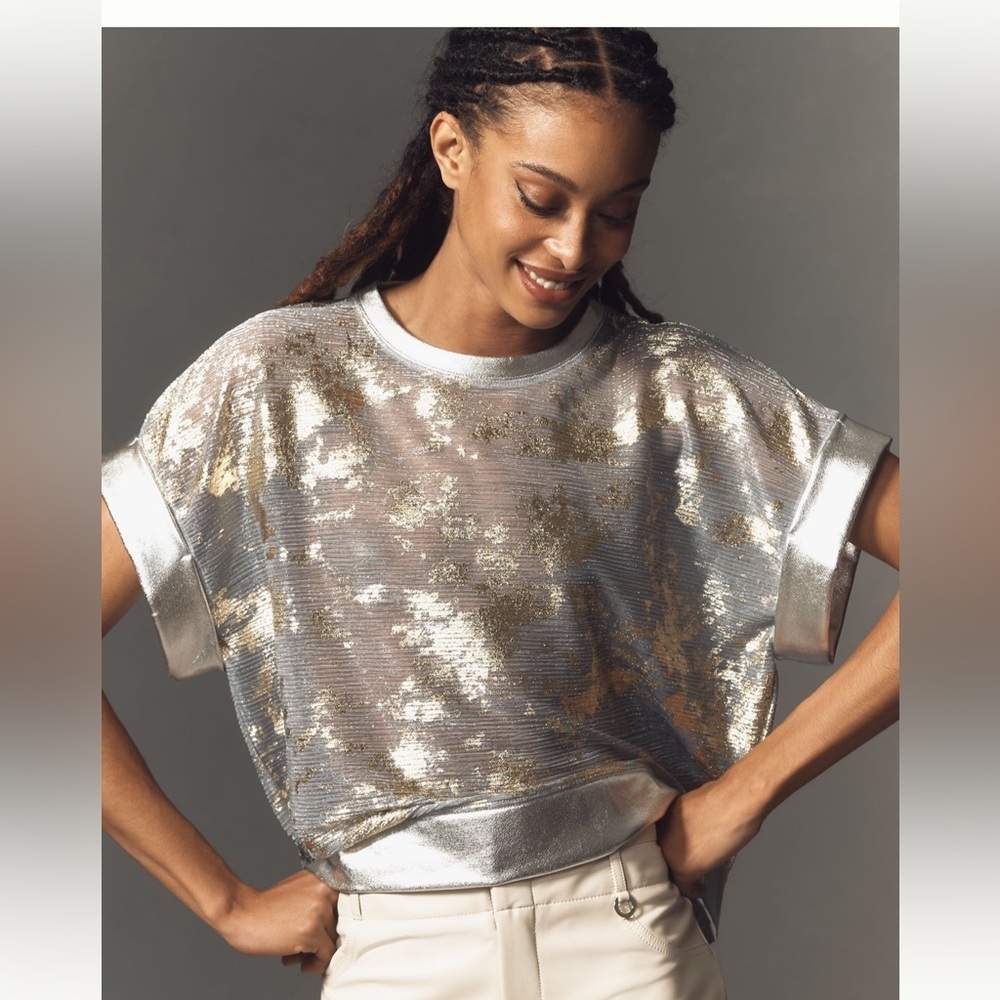 Anthropologie Silver and Gold Short Sleeve Top - Picture 2 of 3